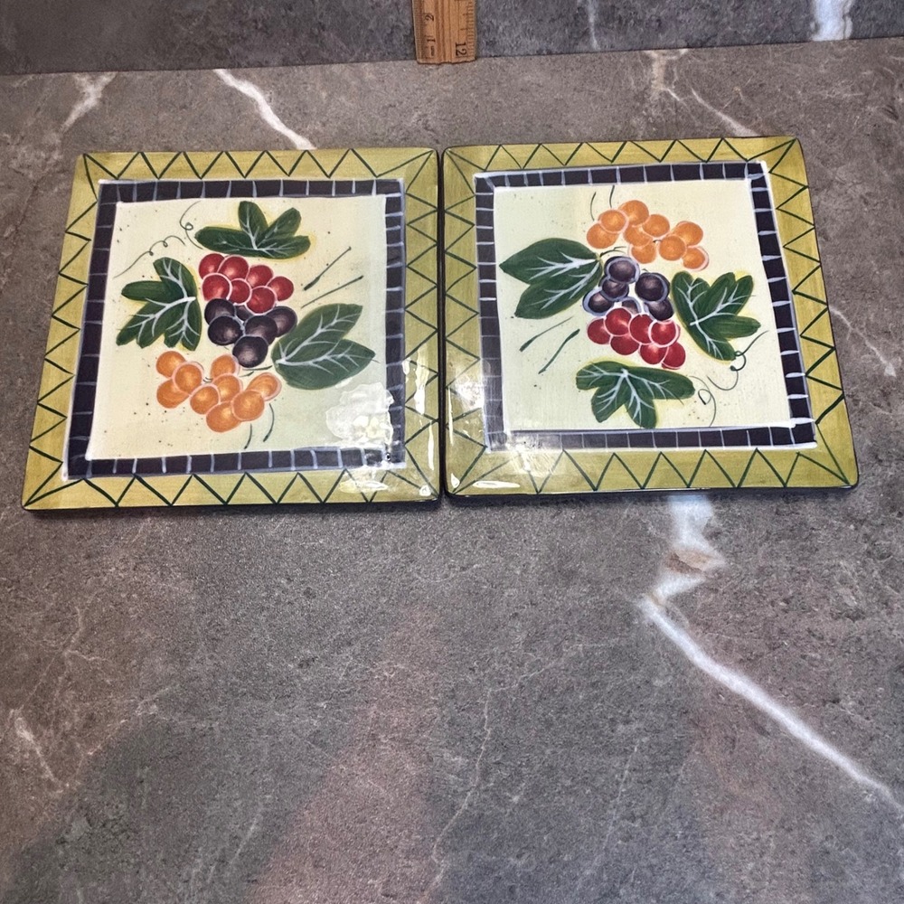 222 Fifth Vineyard Grape Square Ceramic Trivets PTS International Set of 2 6.25"